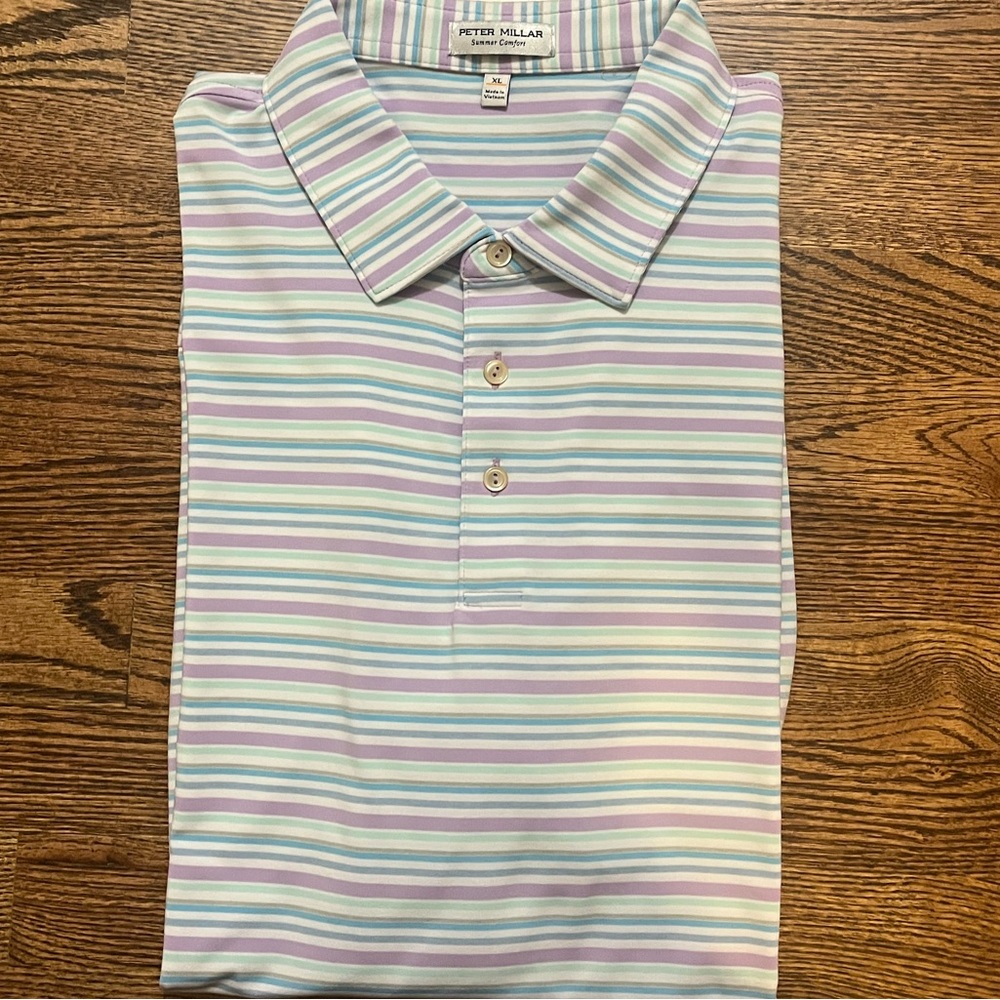 Peter Millar Pastel Stripe Polo in Light Blue, Lavender, White